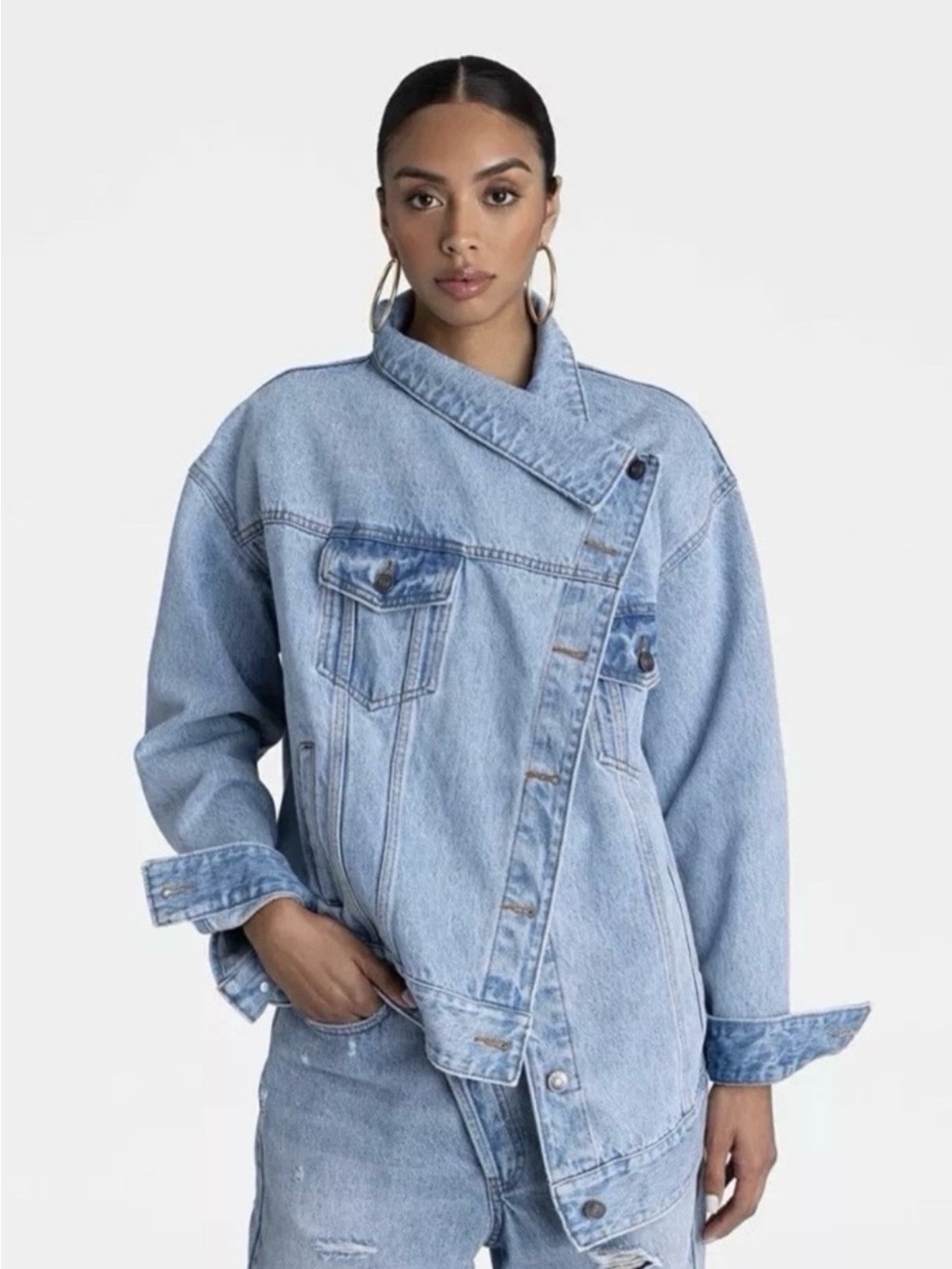 NWT KBB by Kahlana Light Wash Oversized fit Asymmetrical Denim Jacket